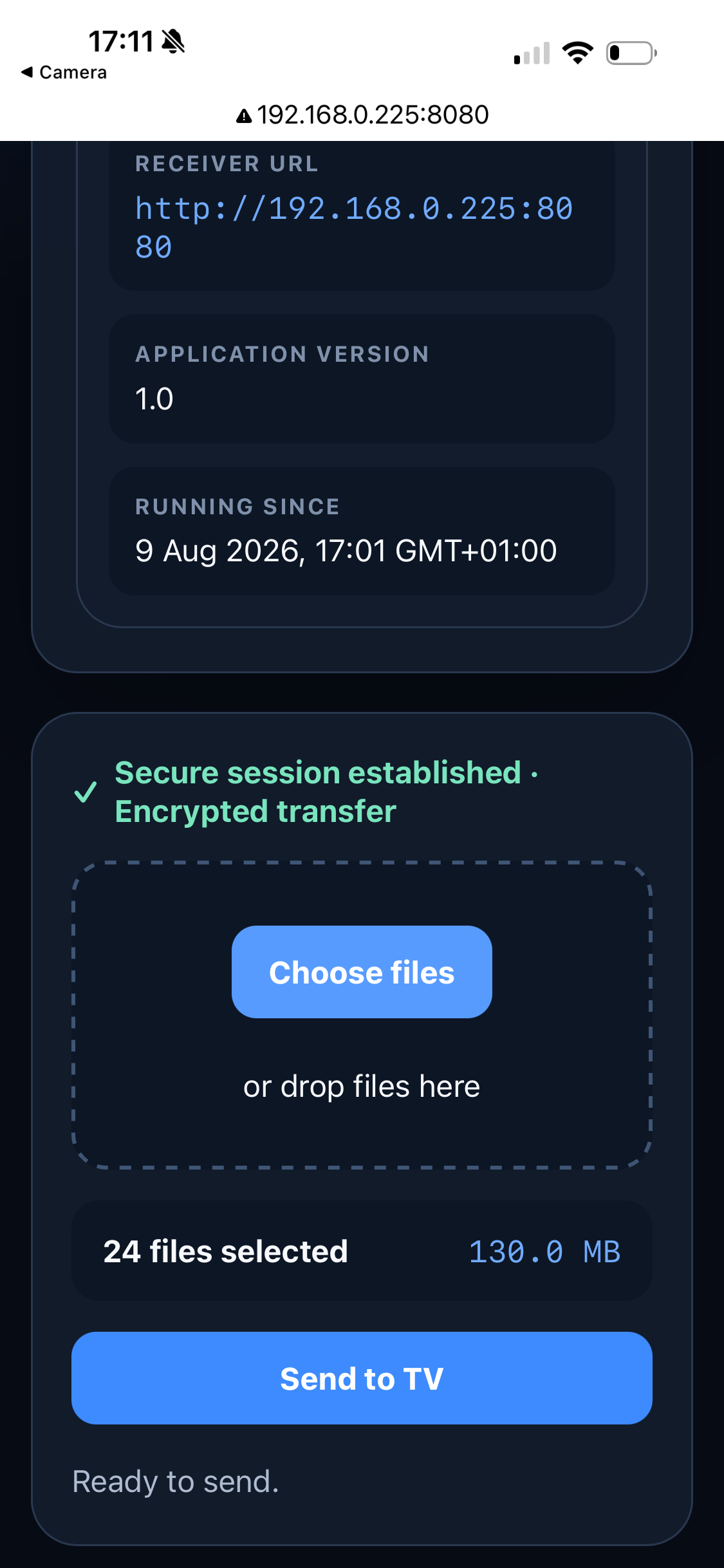 Secreto Hub mobile browser with 24 files selected for encrypted transfer