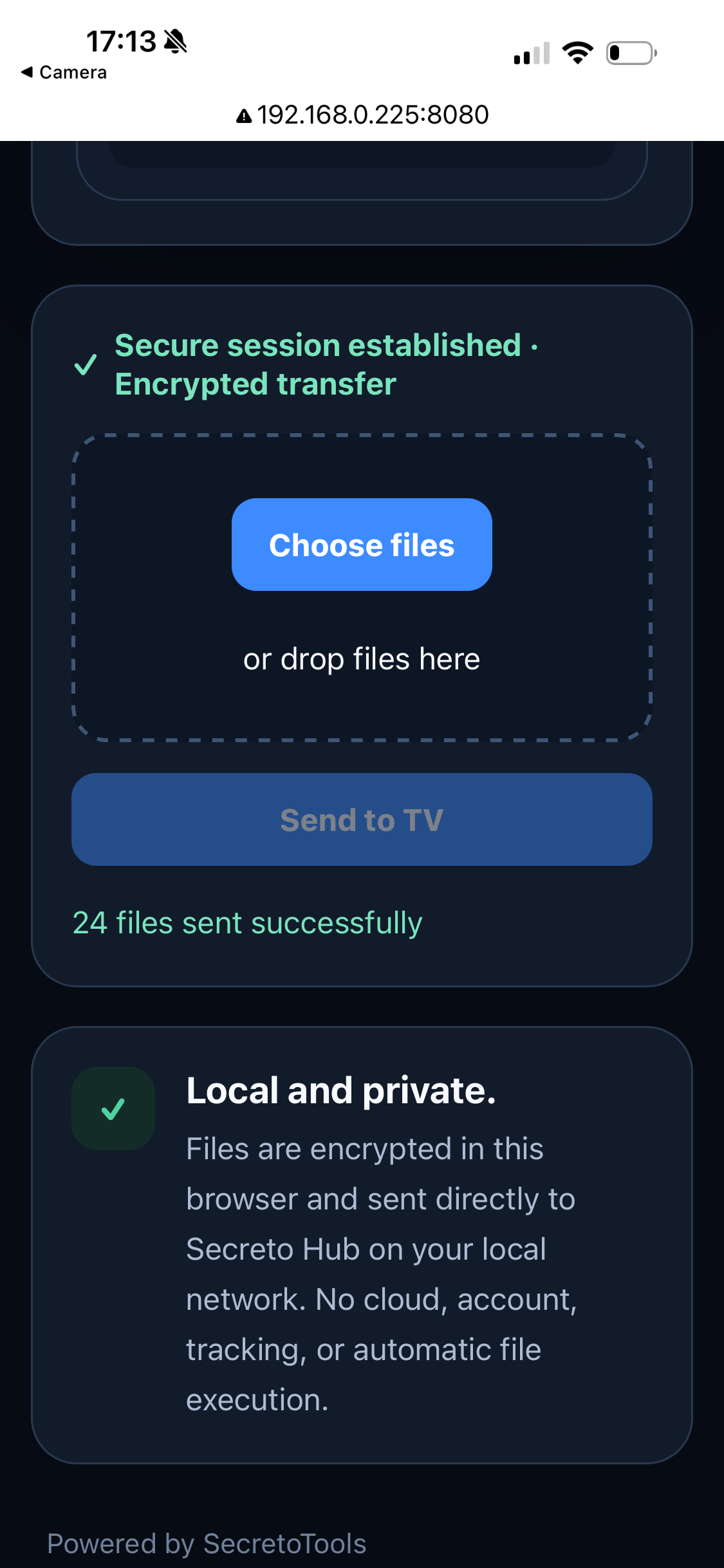 Secreto Hub mobile browser confirming 24 files sent successfully