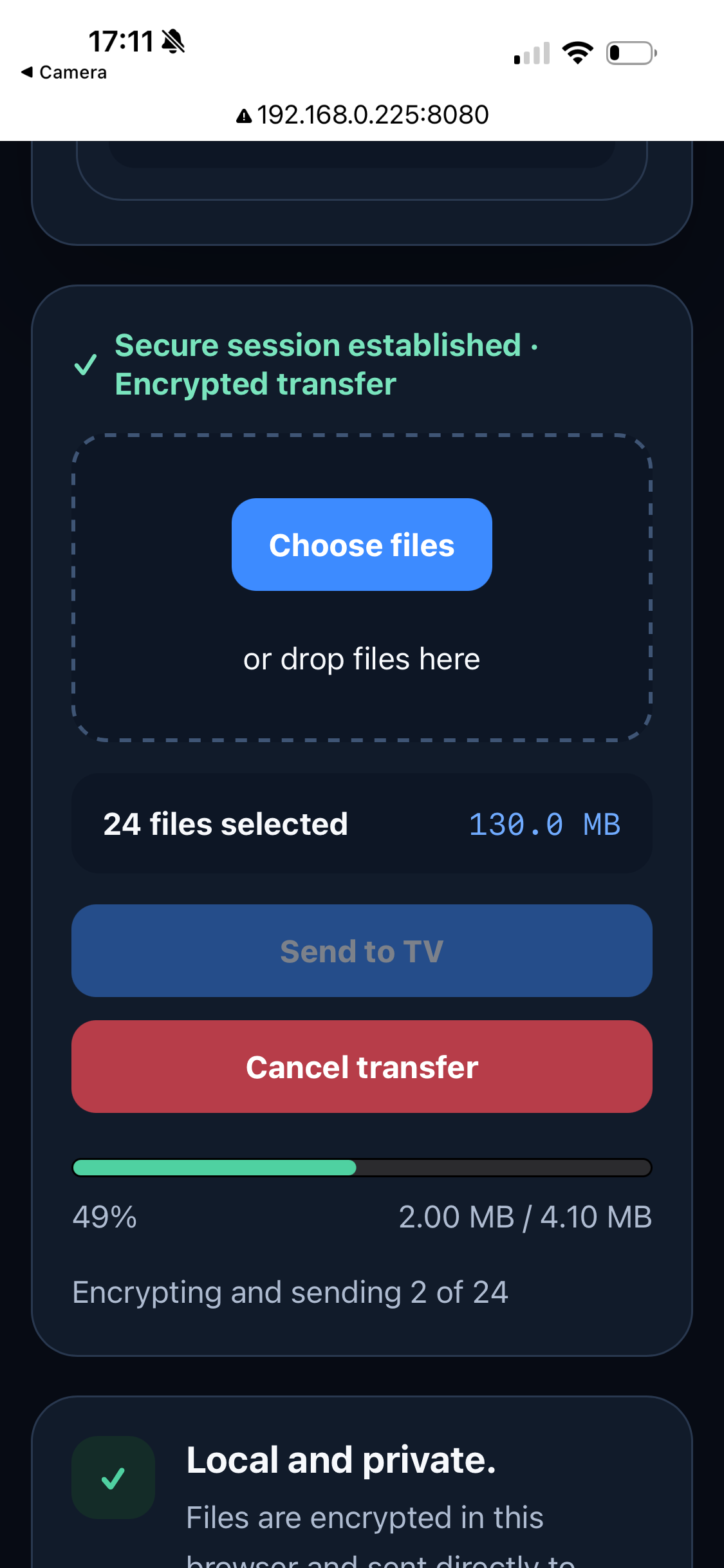 Secreto Hub mobile browser encrypting and sending file 2 of 24