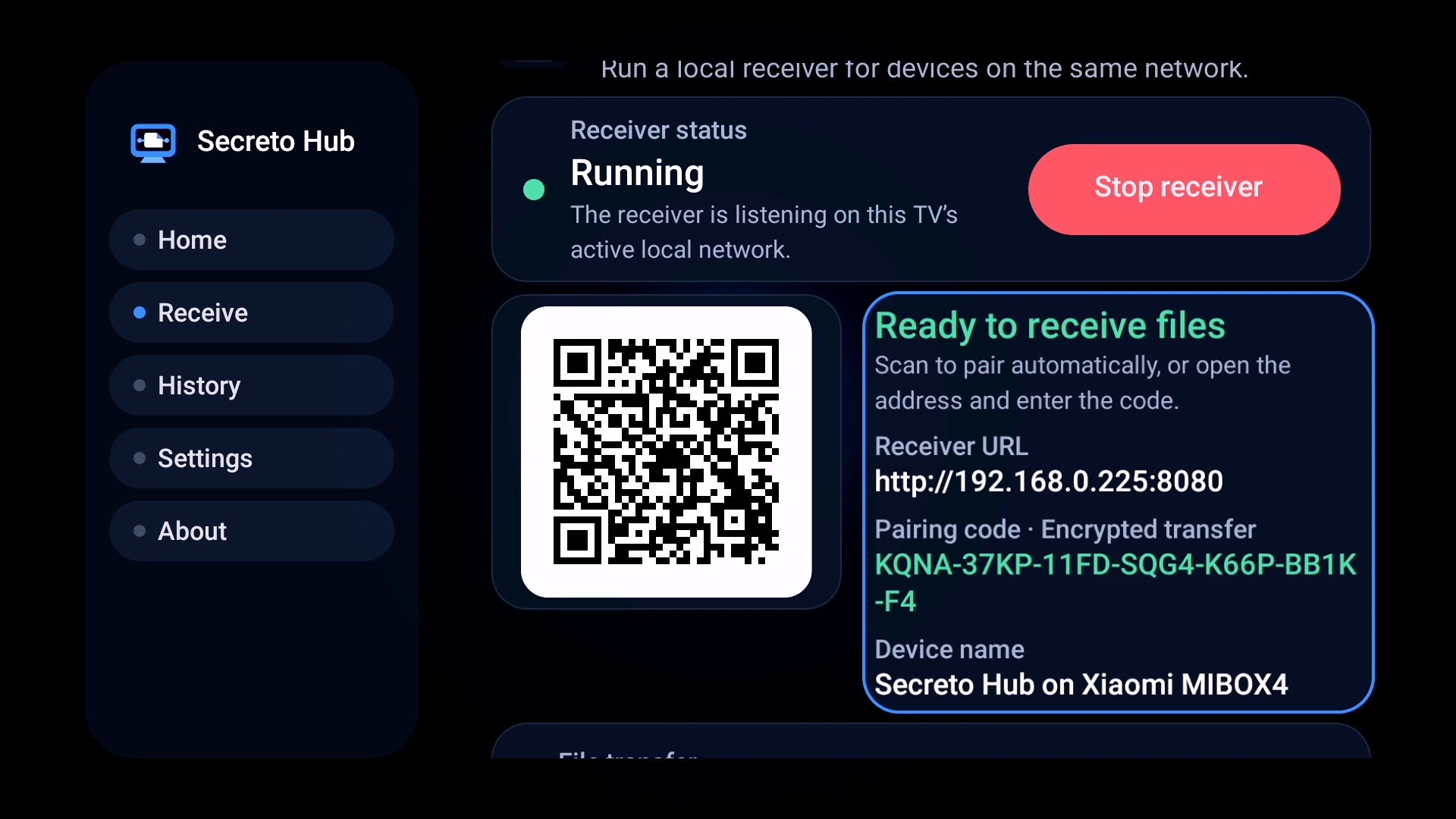 Secreto Hub receiver running